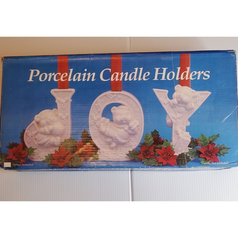 Vintage Porcelain “JOY” Candle Holder Set – White Bear Design – Christmas Holida